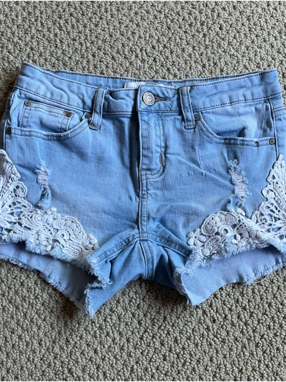 Light Blue Denim Shorts with White Lace Trim